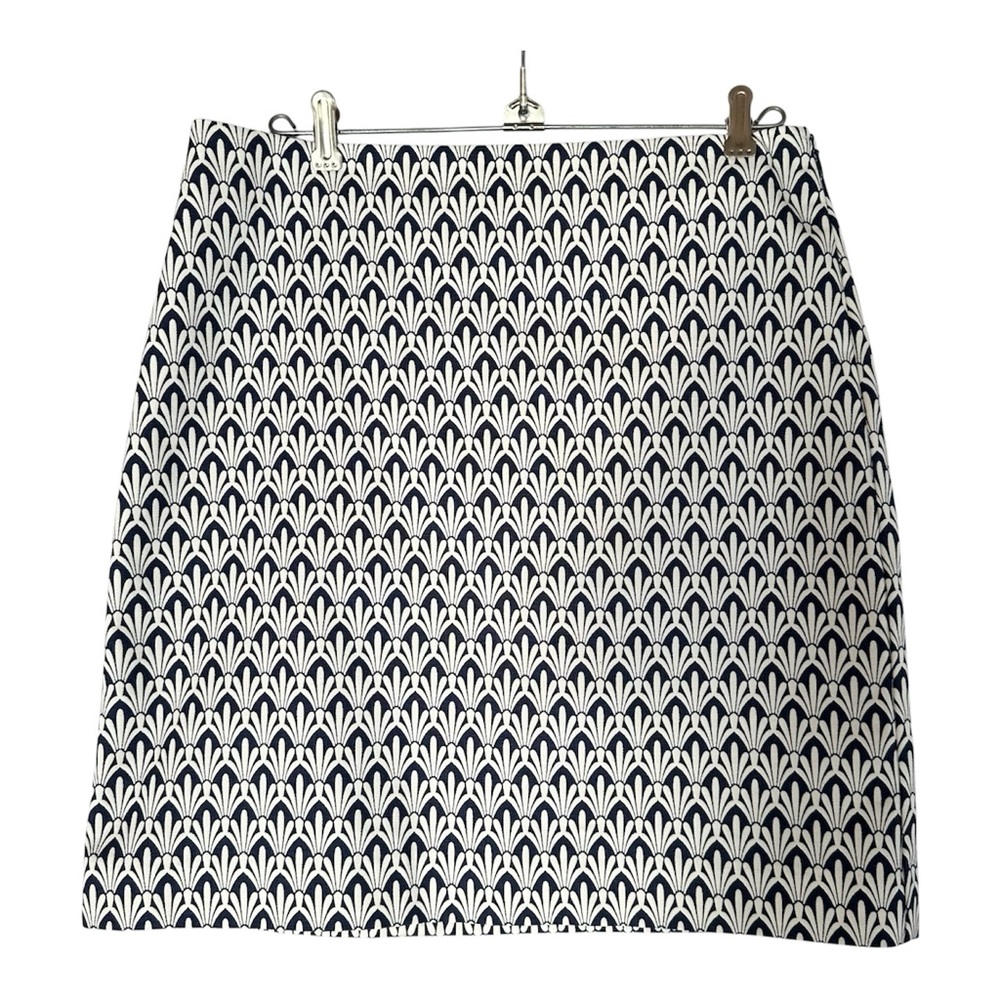 Talbots Art Deco Fan Print Mini Skirt in Navy Blue White Size 4 Side Zipper